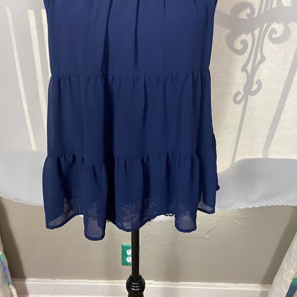 Monteau Navy Blue Scalloped High Neck Ruffle Blouse Sz M NWT - Picture 4 of 9